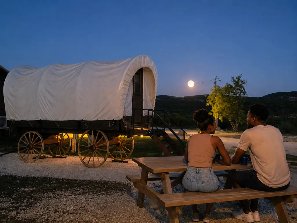 Covered Wagon Glamping Under the Texas Moon Couple sitting at a wooden picnic table beside a covered wagon on wheels, under a night sky with a full moon.