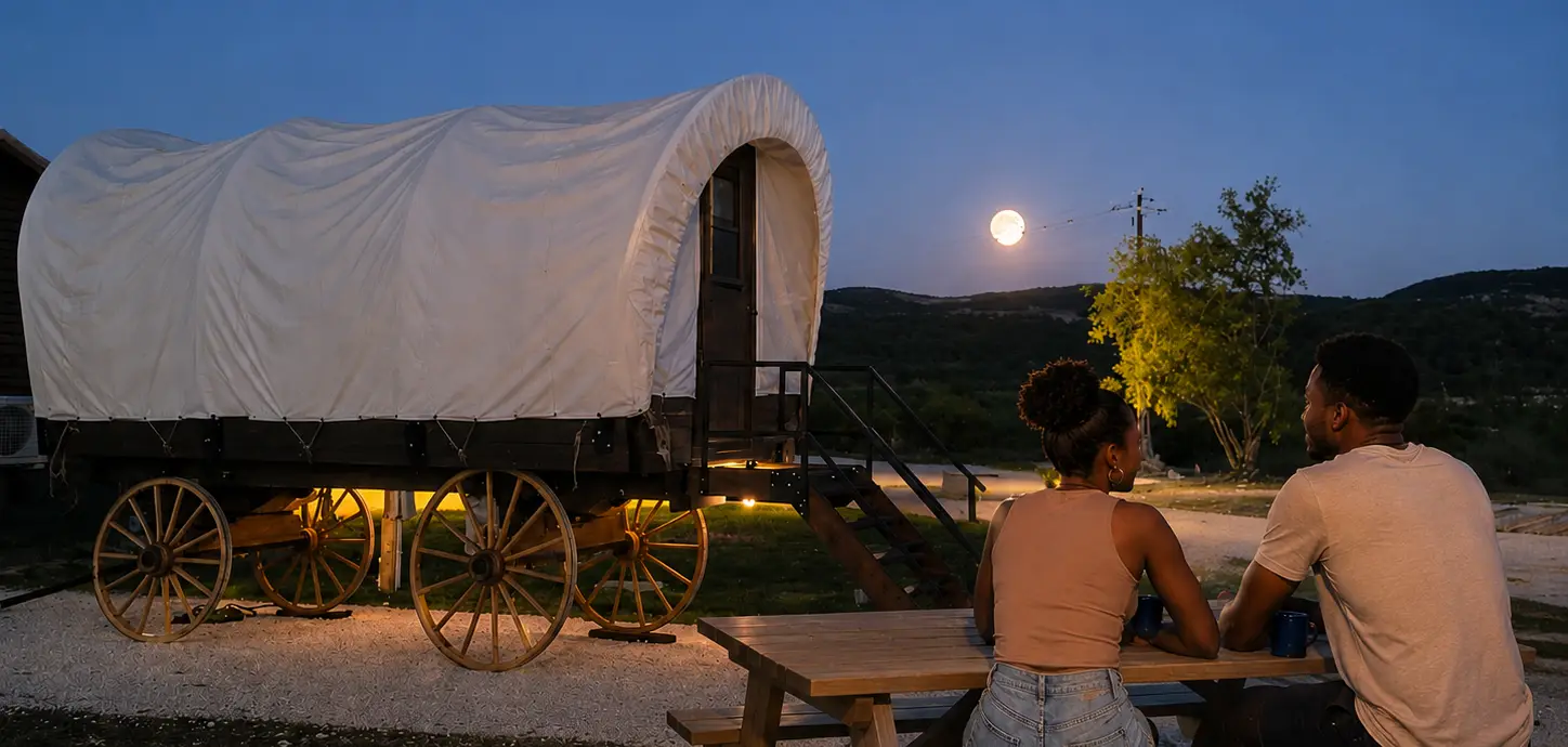 Couple sitting at a wooden picnic table beside a covered wagon on wheels, under a night sky with a full moon.