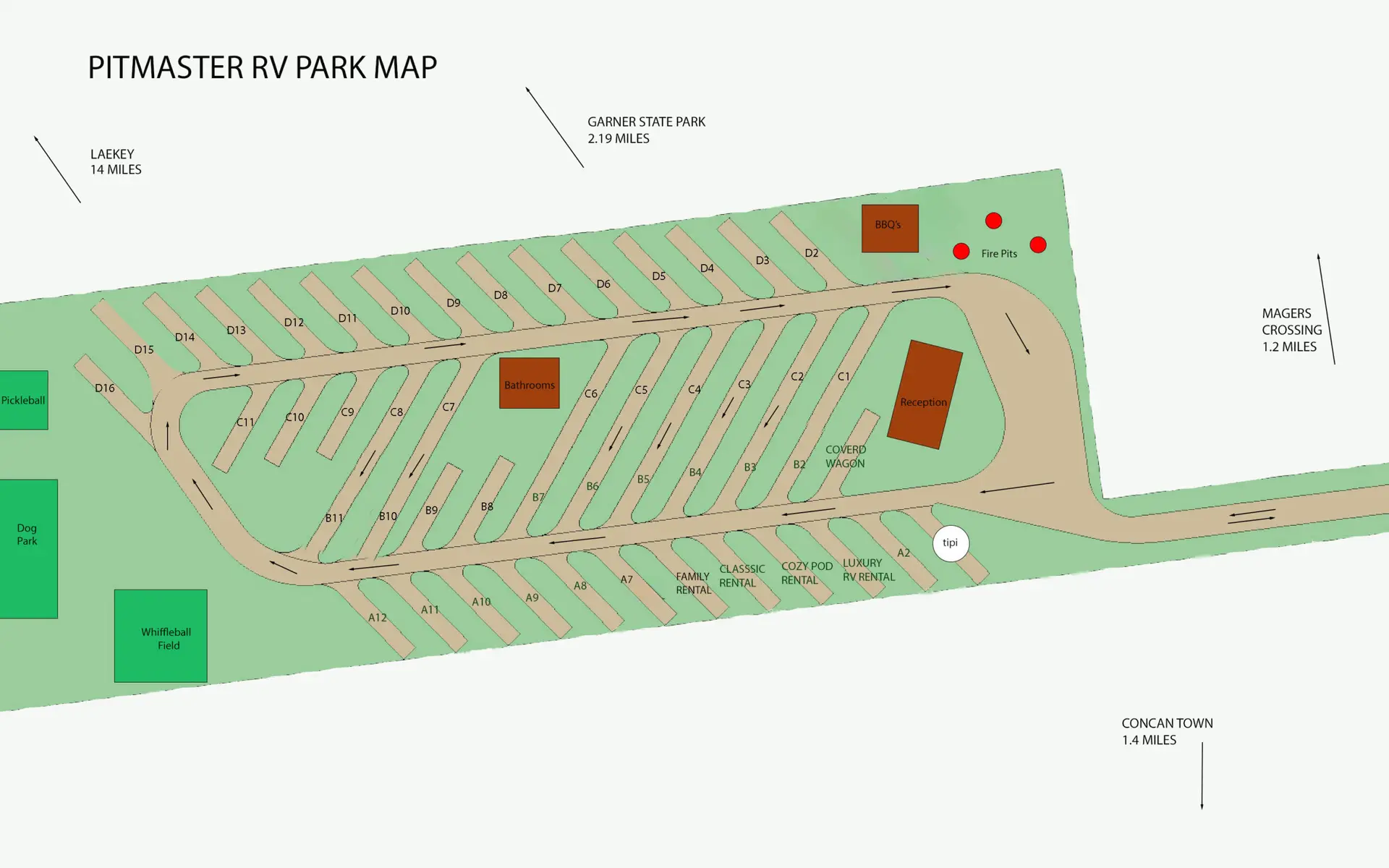 Pitmaster RV Park map showing road layout, site blocks D1–D16, bathrooms, reception, BBQs, fire pits, and parking areas.