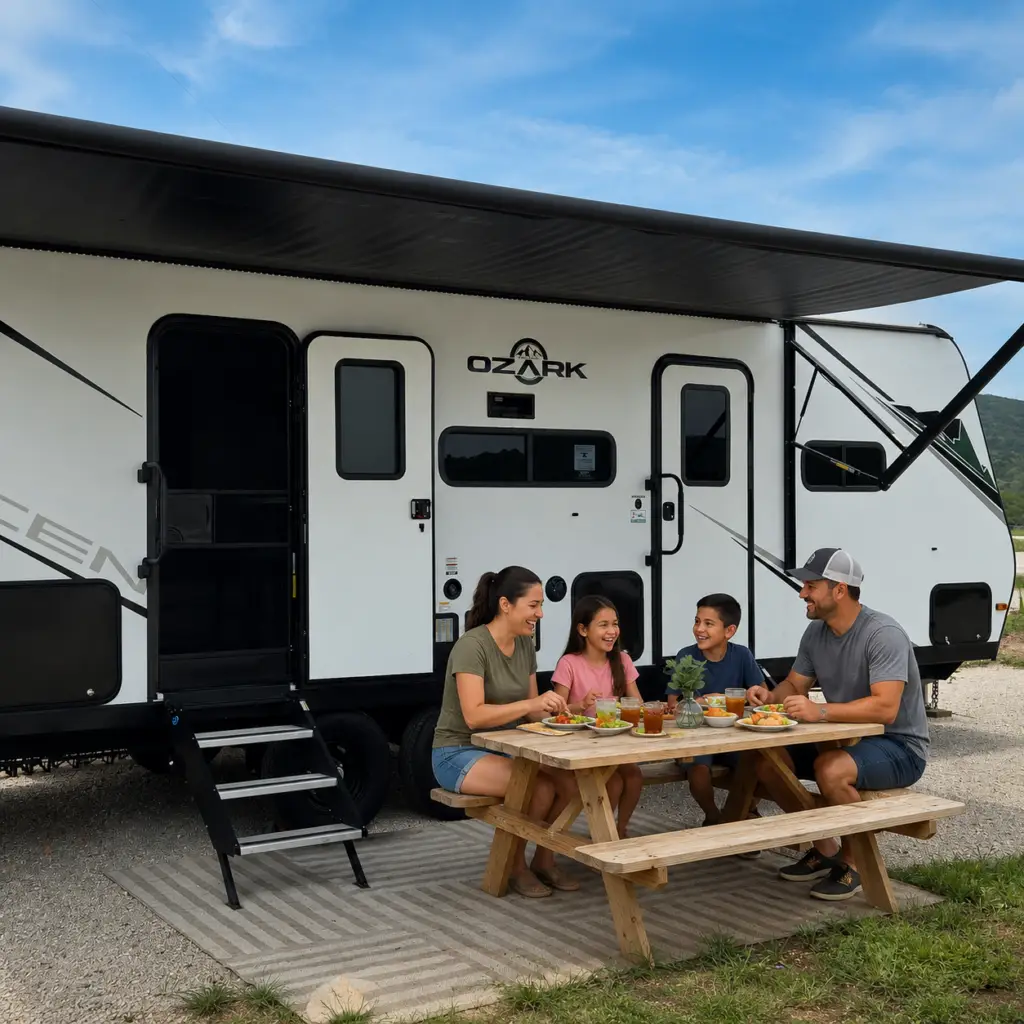 Turn Your RV Into Income at Pitmaster RV Park Family enjoying an RV rental at Pitmaster RV Park in Concan, Texas through the RV owner rental program.