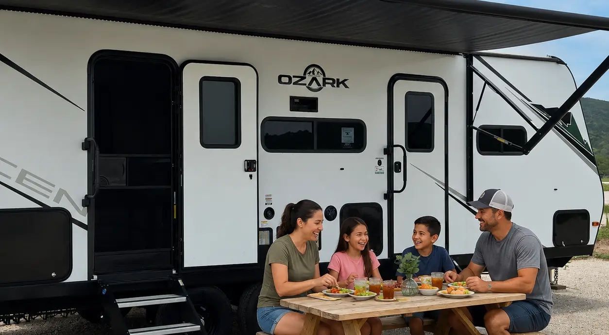 Family enjoying an RV rental at Pitmaster RV Park in Concan, Texas through the RV owner rental program.