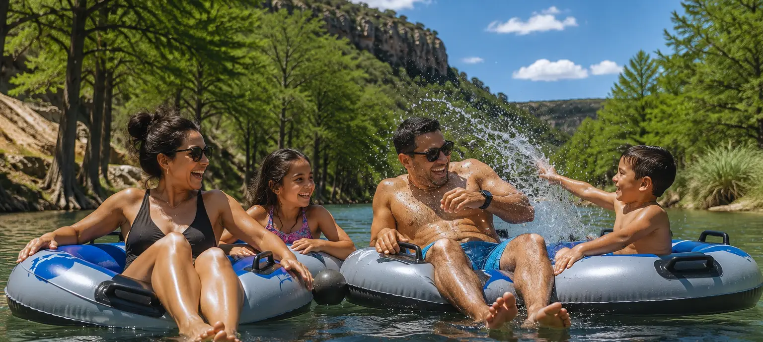 Family floating on tubes in the Frio River near Concan, Texas while children splash water and enjoy a summer day