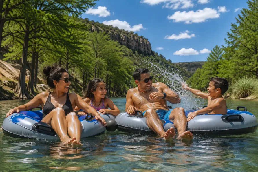 Family floating on tubes in the Frio River near Concan, Texas while children splash water and enjoy a summer day