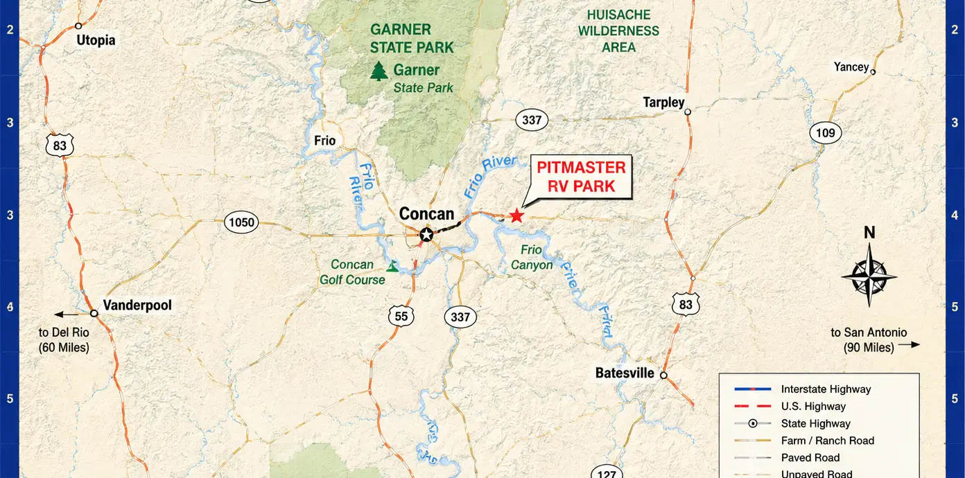 Atlas-style map of Pitmaster RV Park in Concan, Texas showing Garner State Park, the Frio River, and nearby attractions.