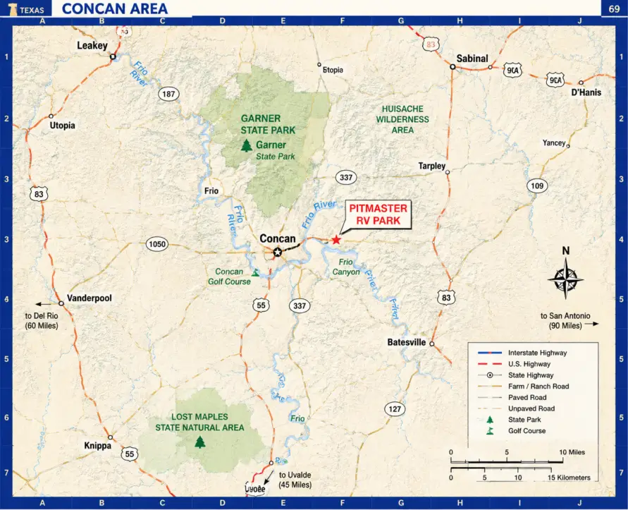 Atlas-style map of Pitmaster RV Park in Concan, Texas showing Garner State Park, the Frio River, and nearby attractions.