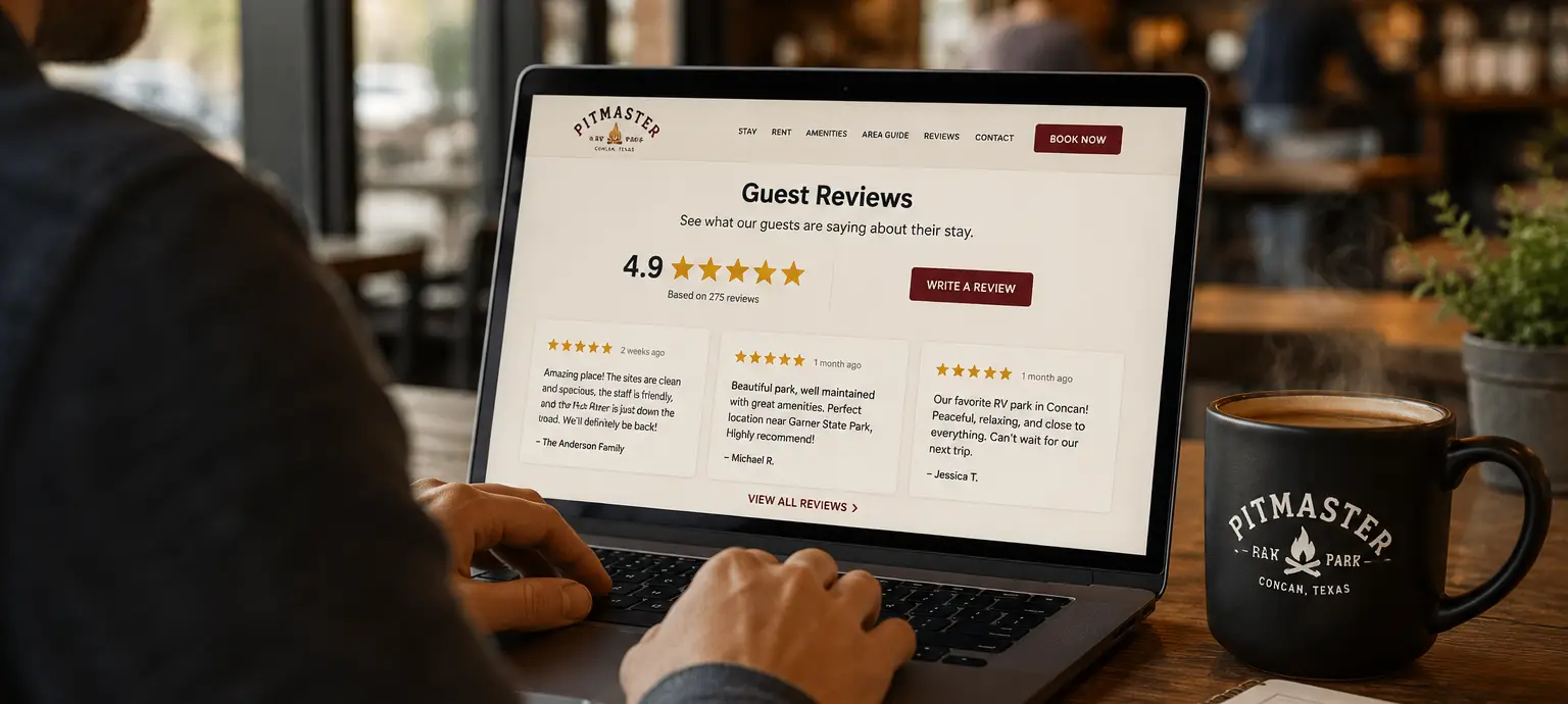 Person typing on a laptop at a café, screen shows a guest reviews page with 4.9 stars and a 'Write a Review' button. Beside it is a Pitmaster mug and a notebook on the table.