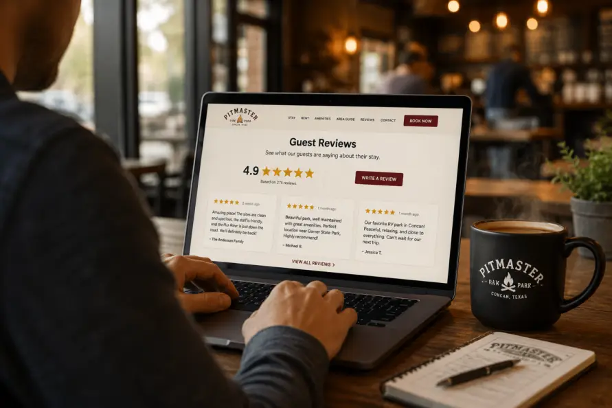Person typing on a laptop at a café, screen shows a guest reviews page with 4.9 stars and a 'Write a Review' button. Beside it is a Pitmaster mug and a notebook on the table.