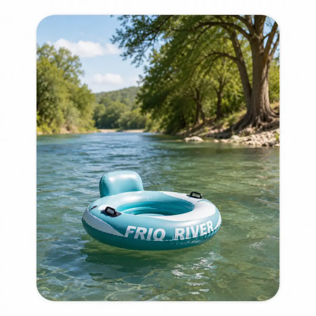 Person floating in a tube on the crystal-clear Frio River near Garner State Park in the Texas Hill Country.