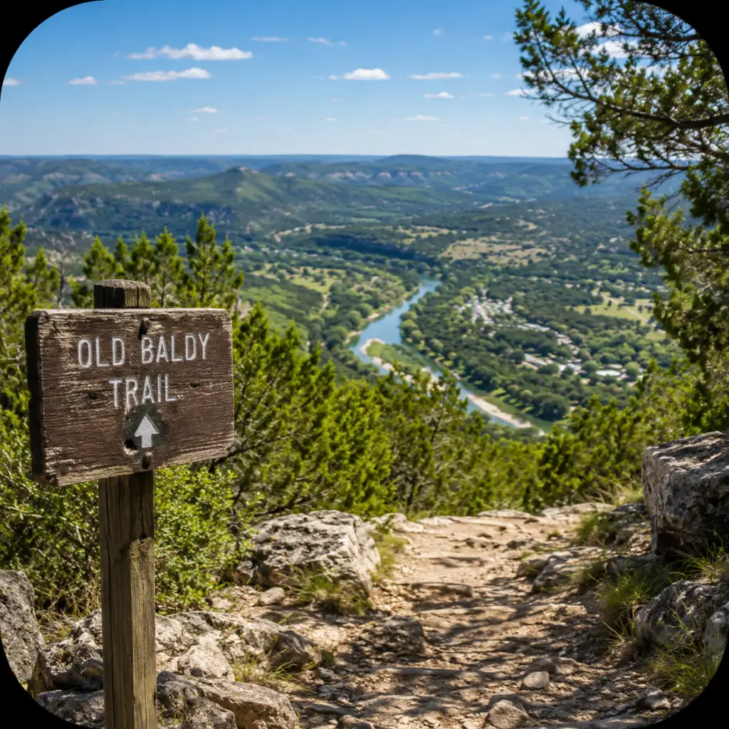 Hikers climbing Old Baldy Trail overlooking Garner State Park and the Texas Hill Country near Concan, Texas.