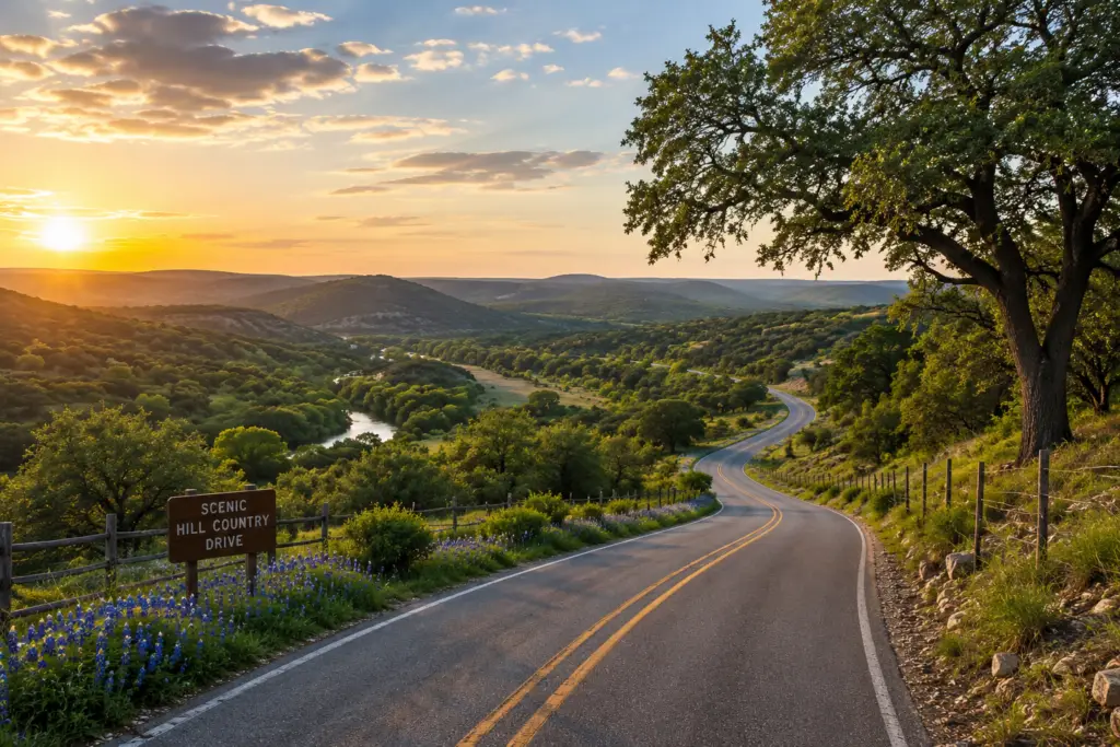 Scenic Texas Hill Country drive near Concan featuring winding roads, rolling hills, and beautiful countryside views.