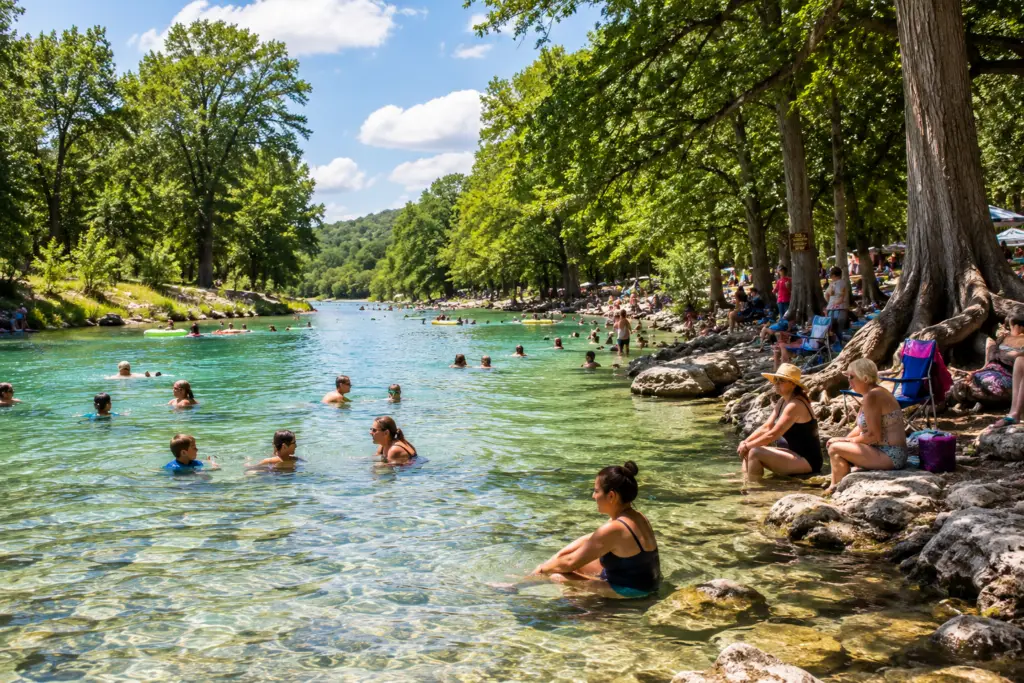 Crowded riverside on a sunny day: people swim in clear green water and lounge along rocky, tree-filled shore.