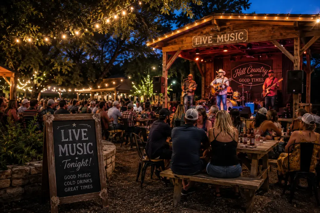 Live country music performance at an outdoor venue near Concan, Texas with guests enjoying an evening in the Texas Hill Country.
