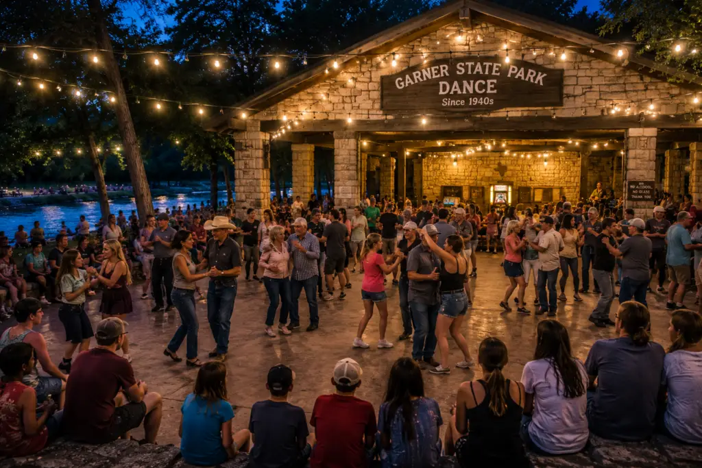 Visitors dancing under the stars at the historic Garner State Park pavilion near Concan, Texas.