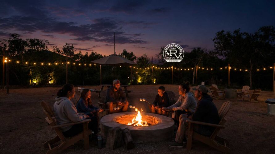 Friends gather around a circular campfire at night, roasting marshmallows under warm string lights in an outdoor patio setting.