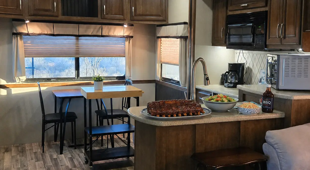 Fully equipped RV rental kitchen with barbecue ribs and side dishes at Pitmaster RV Park in Concan, Texas.