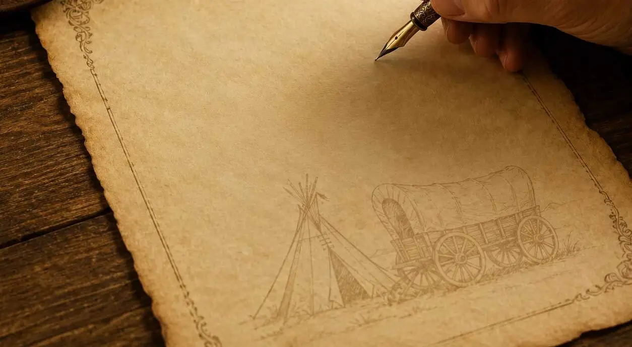 Hand writing on vintage Old West parchment featuring a covered wagon and tipi watermark representing the story of Pitmaster RV Park.