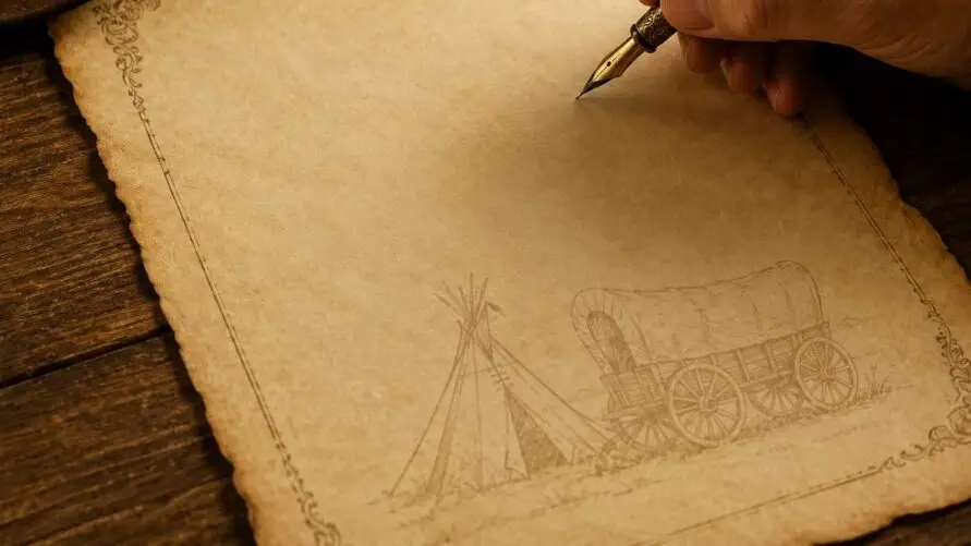 Hand writing on vintage Old West parchment featuring a covered wagon and tipi watermark representing the story of Pitmaster RV Park.