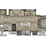 RV floor plan: single-level trailer with separate bedroom, living area, kitchen island, dinette, sofa bays, bunk and cabinet storage, and outdoor campfire cafe area.