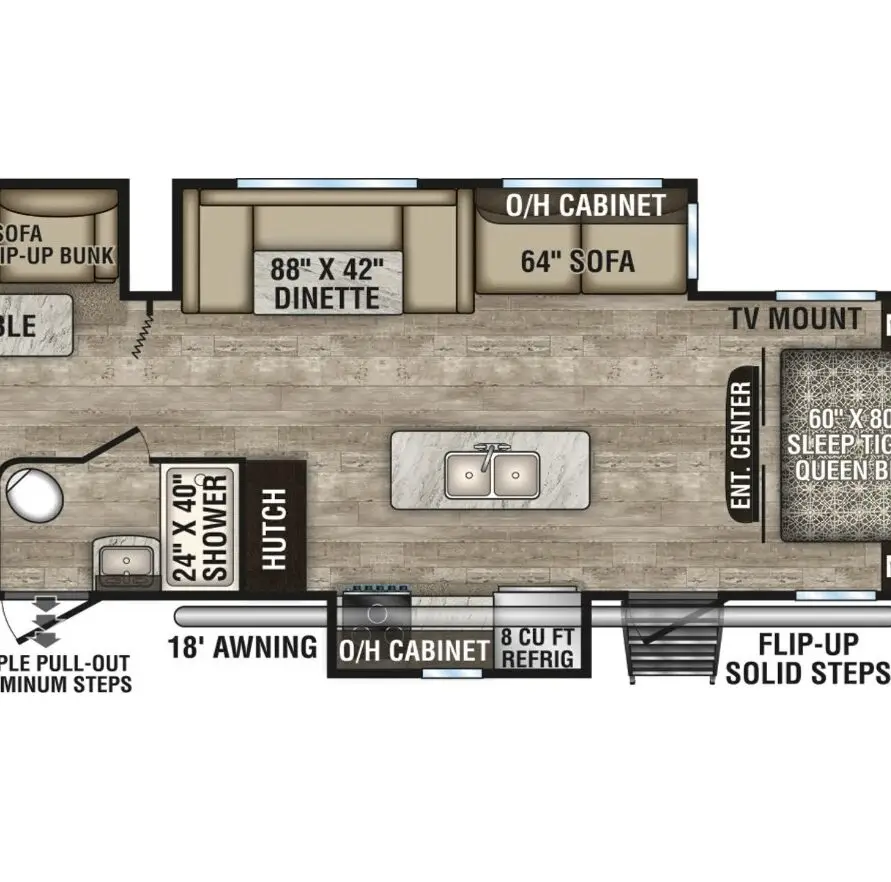 RV floor plan: single-level trailer with separate bedroom, living area, kitchen island, dinette, sofa bays, bunk and cabinet storage, and outdoor campfire cafe area.