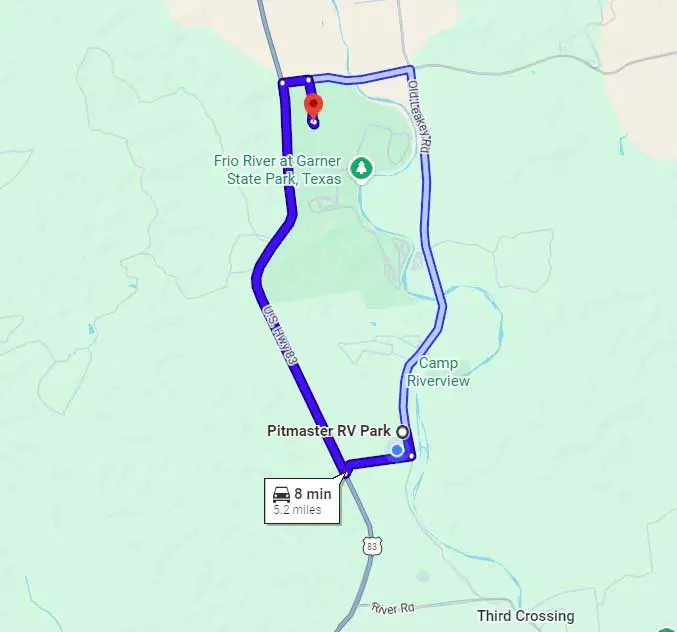 Driving directions map from Pitmaster RV Park to Garner State Park showing an 8-minute, 5.2-mile route in Concan, Texas.