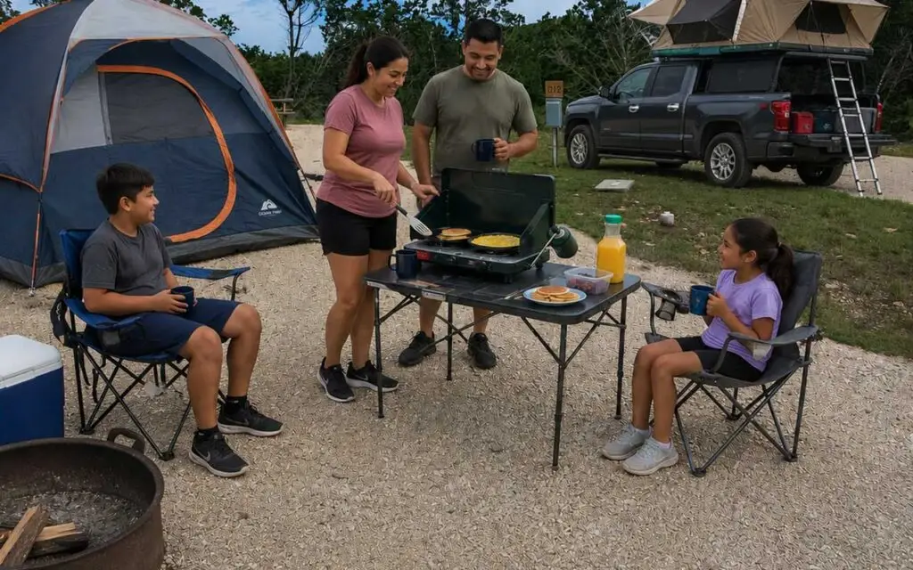 Family Tent Camping at Pitmaster RV Park Family enjoying breakfast at a tent campsite near Garner State Park in Concan, Texas.
