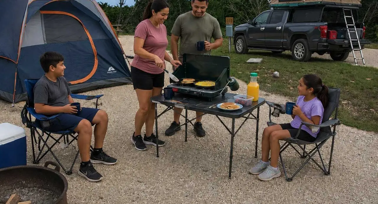 Family enjoying breakfast at a tent campsite near Garner State Park in Concan, Texas.