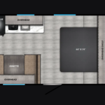 Floor plan of a compact RV rental with queen bed, dinette, kitchenette, and private bathroom at Pitmaster RV Park near Garner State Park.