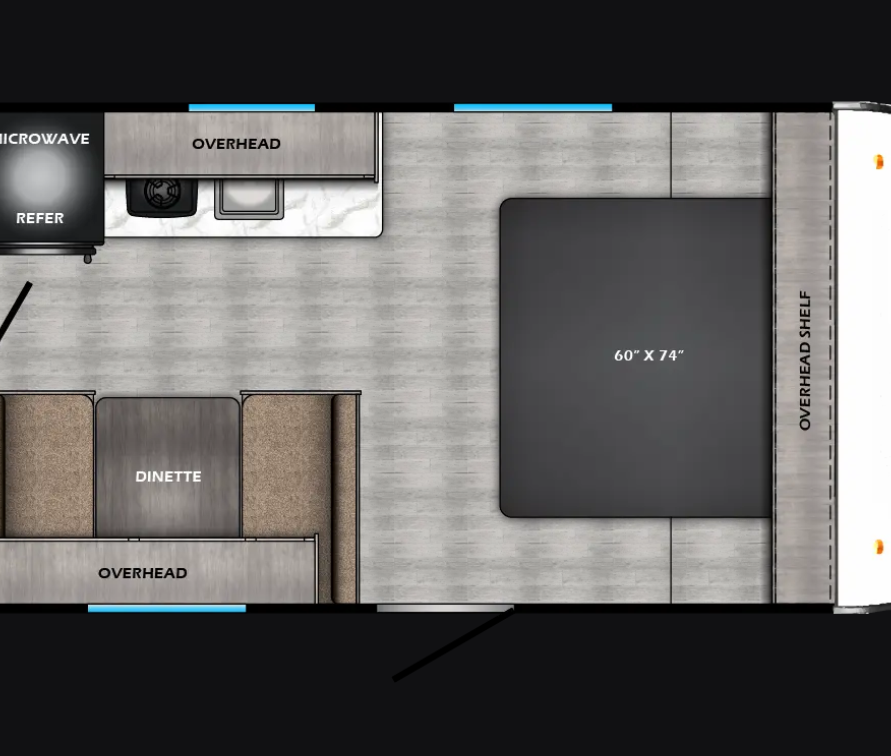 Floor plan of a compact RV rental with queen bed, dinette, kitchenette, and private bathroom at Pitmaster RV Park near Garner State Park.