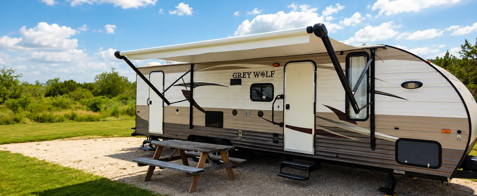 Grey Wolf family RV rental at Pitmaster RV Park in Concan Texas near Garner State Park and the Frio River